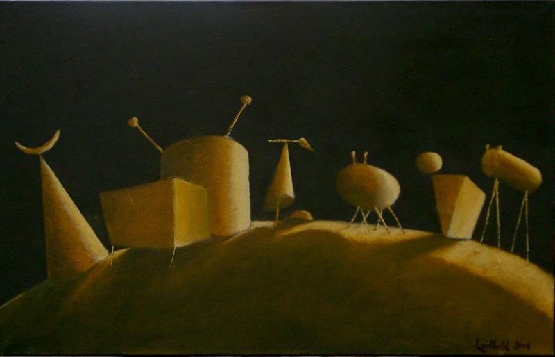 Wolfgang Leidhold, Die Erschaffung der Tiere - Egg-tempera & oil on canvas, 27,5 x 43,7 inches, 2005 Tempera & Öl auf Leinwand, 70 x 111 cm, 2005
