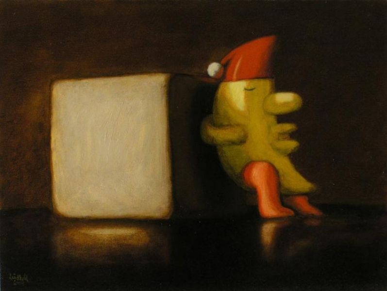 Wolfgang Leidhold, Banana Moon sleeping / Bananenmond schlafend, Egg-tempera & oil on canvas - 23,6 x 31,5 inches - 2005 Tempera & Öl auf Leinwand - 60 x 80cm - 2005