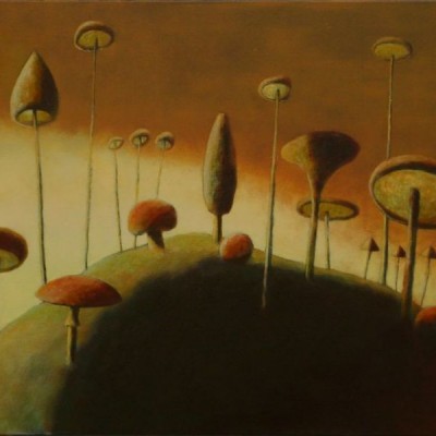 Wolfgang Leidhold, Magic Mushrooms on the Vermillion Mount / Zauberpilze auf dem Zinnoberhügel, Egg-tempera & oil on canvas, 31,5 x 39,4 inches, 2007 Tempera, Öl auf Leinwand, 80 x 100 cm, 2007