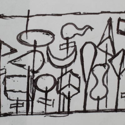 Wolfgang Leidhold, Sketch Mythology 02, Sketch for mythologies: Creation of Trees & Plants (ink-pen on paper) 6,5 x 9,25 inches, 2004 Skizze für Mythologies: Erschaffung dr Bäume & Pflanzen (Tinte auf Papier) 15 x 23 cm, 2004